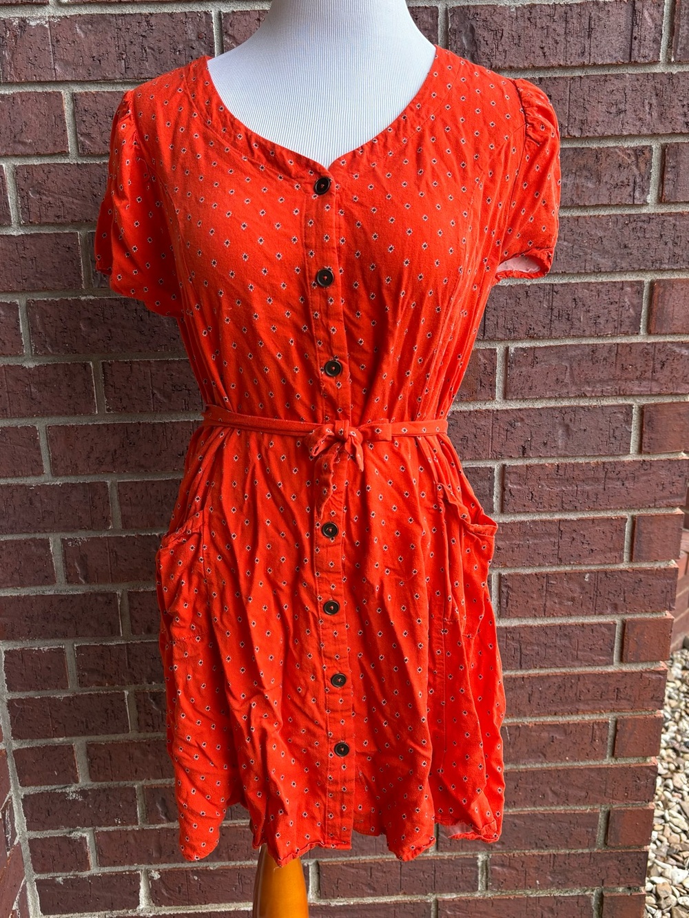 Copper Key Orange Button-Front Mini Dress with Tie Waist